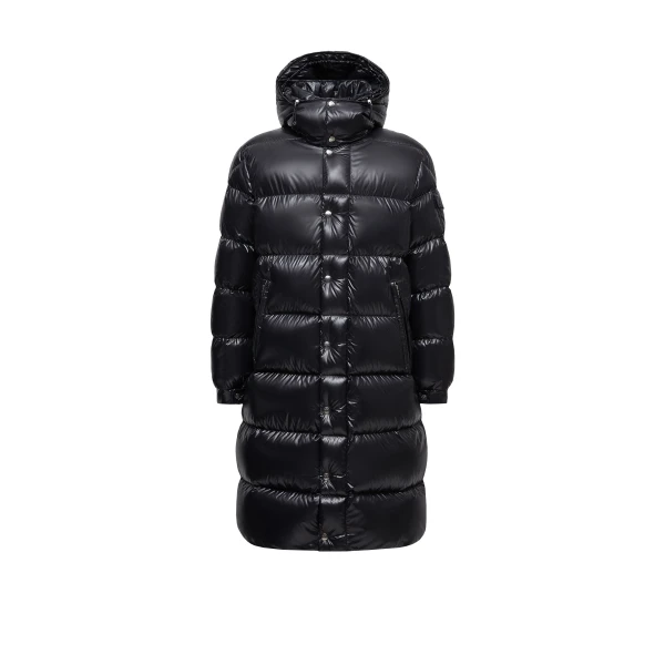 Moncler Hanoverian Hooded Square-Quilted Long Down Jacket in Metallic Black | Men's Coats | Coveti