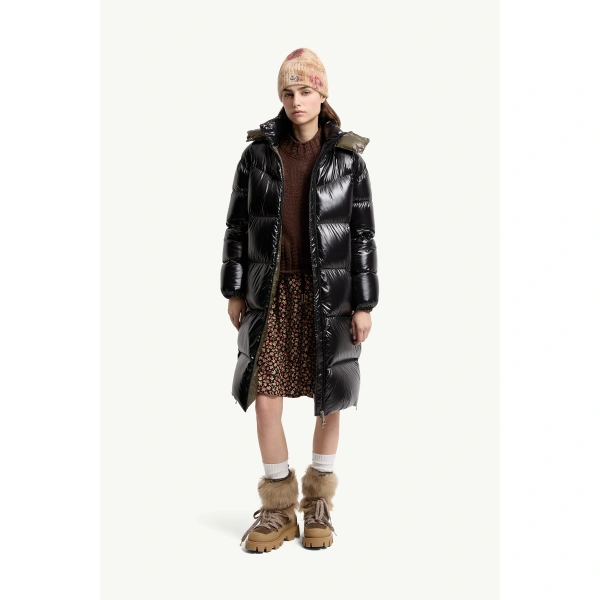 Moncler Harfang Hooded Long Down Coat in Black, view 2 | Women's Puffer and Down Coats | Coveti
