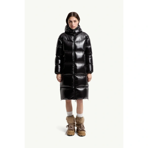 Moncler Harfang Hooded Long Down Coat in Black, view 4 | Women's Puffer and Down Coats | Coveti
