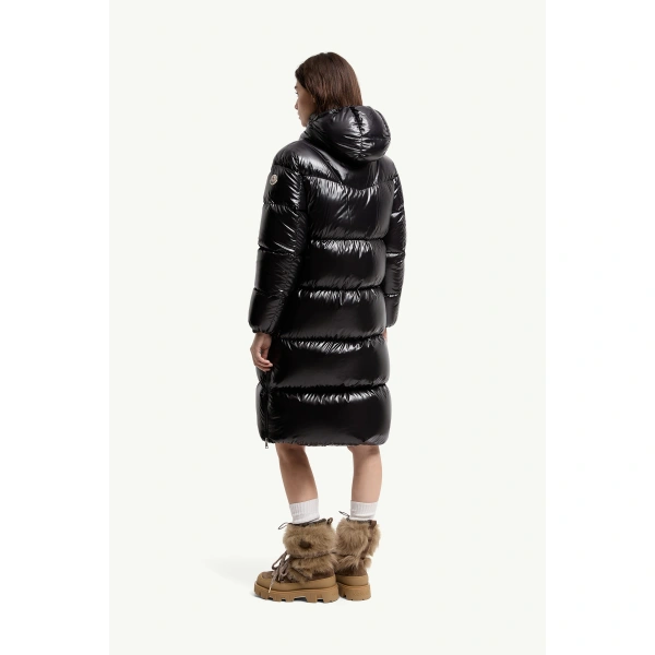 Moncler Harfang Hooded Long Down Coat in Black, view 5 | Women's Puffer and Down Coats | Coveti