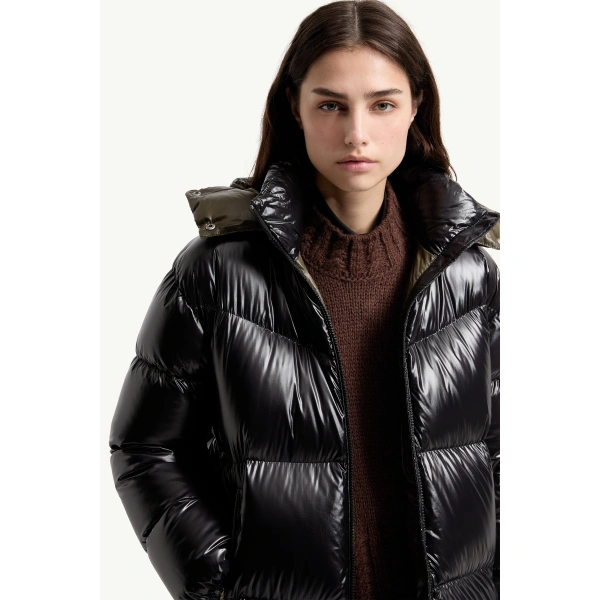 Moncler Harfang Hooded Long Down Coat in Black, view 6 | Women's Puffer and Down Coats | Coveti