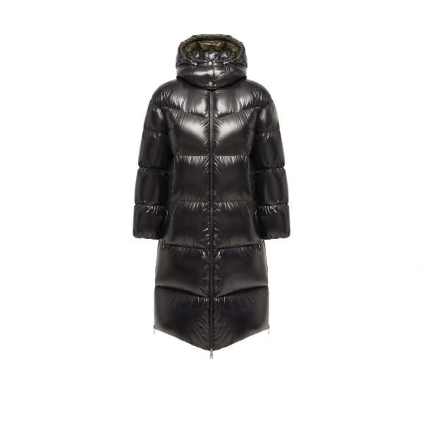 Moncler Harfang Hooded Long Down Coat in Black | Women's Puffer and Down Coats | Coveti