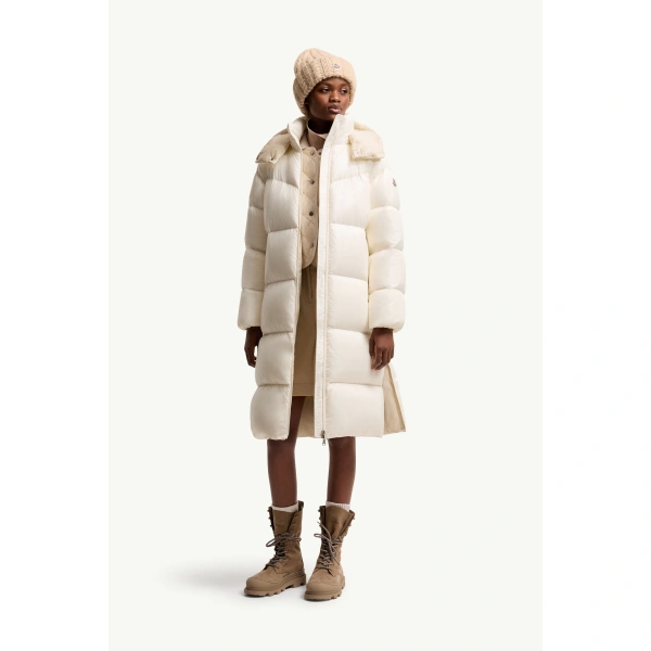 Moncler Harfang Hooded Long Down Coat in White Ivory, view 2 | Women's Puffer and Down Coats | Coveti