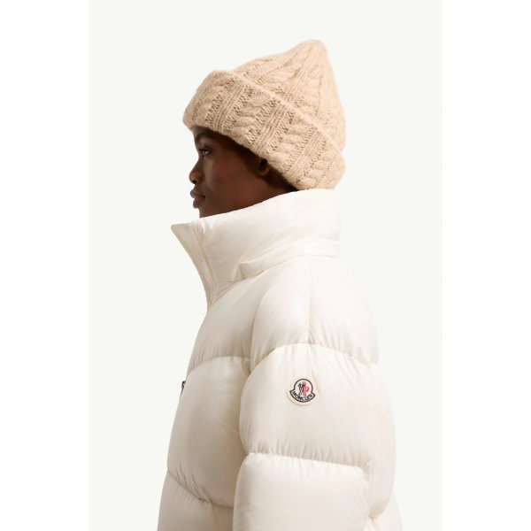 Moncler Harfang Hooded Long Down Coat in White Ivory, view 3 | Women's Puffer and Down Coats | Coveti