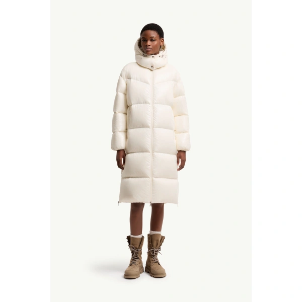 Moncler Harfang Hooded Long Down Coat in White Ivory, view 4 | Women's Puffer and Down Coats | Coveti