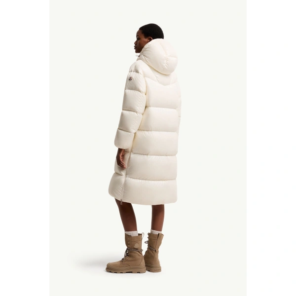 Moncler Harfang Hooded Long Down Coat in White Ivory, view 5 | Women's Puffer and Down Coats | Coveti