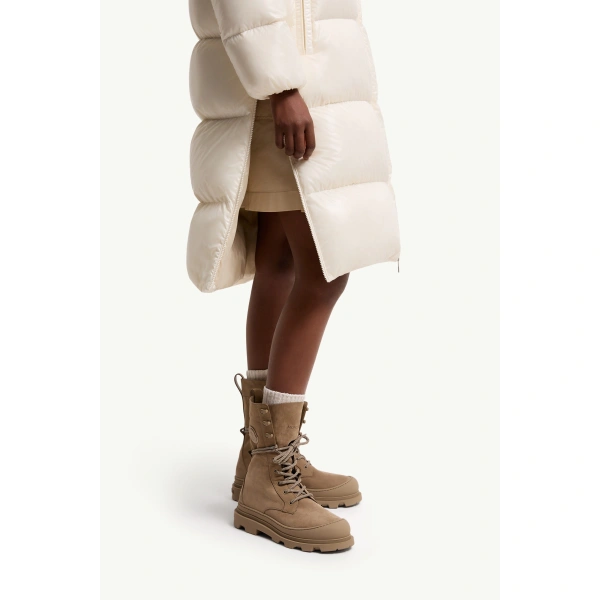 Moncler Harfang Hooded Long Down Coat in White Ivory, view 6 | Women's Puffer and Down Coats | Coveti