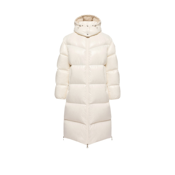 Moncler Harfang Hooded Long Down Coat in White Ivory | Women's Puffer and Down Coats | Coveti