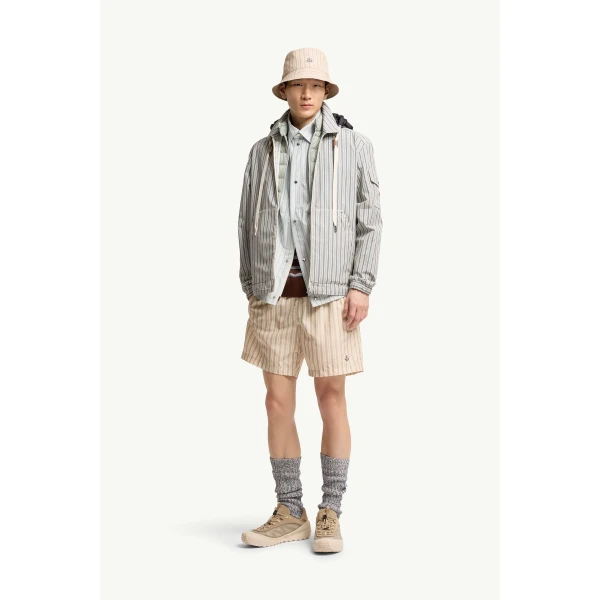 Moncler Havas Striped Poplin Shirt Jacket in White & Blue, view 2 | Men's Jackets | Coveti