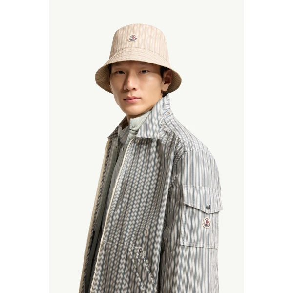Moncler Havas Striped Poplin Shirt Jacket in White & Blue, view 3 | Men's Jackets | Coveti