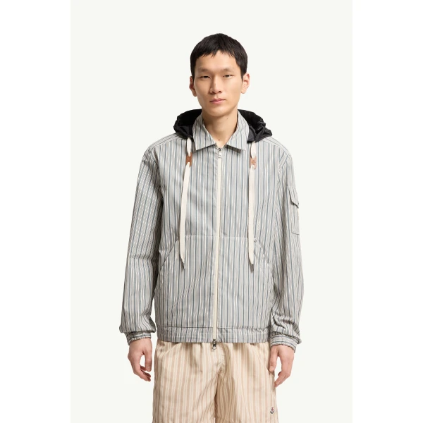 Moncler Havas Striped Poplin Shirt Jacket in White & Blue, view 4 | Men's Jackets | Coveti