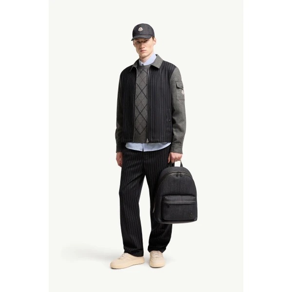 Moncler Herringbone Wool Blend Zip-Up Shirt Jacket in Blue & Gray, view 2 | Men's Jackets | Coveti