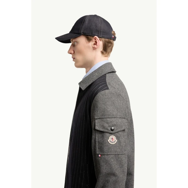 Moncler Herringbone Wool Blend Zip-Up Shirt Jacket in Blue & Gray, view 3 | Men's Jackets | Coveti