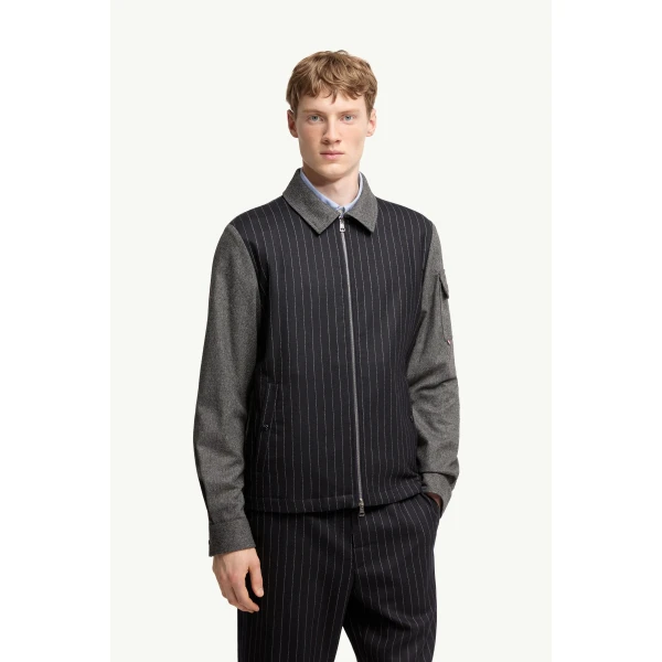 Moncler Herringbone Wool Blend Zip-Up Shirt Jacket in Blue & Gray, view 4 | Men's Jackets | Coveti