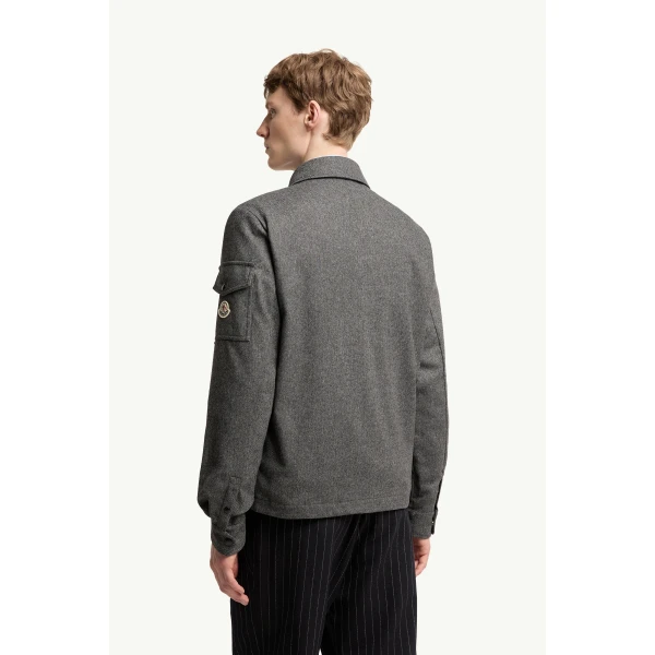 Moncler Herringbone Wool Blend Zip-Up Shirt Jacket in Blue & Gray, view 5 | Men's Jackets | Coveti