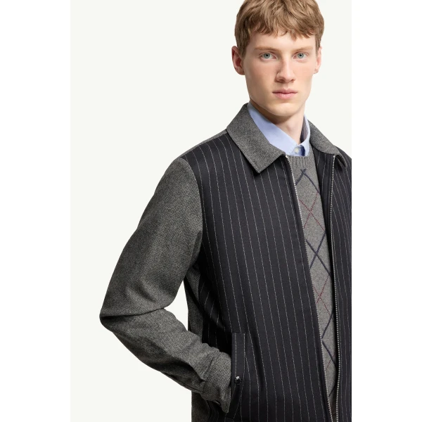 Moncler Herringbone Wool Blend Zip-Up Shirt Jacket in Blue & Gray, view 6 | Men's Jackets | Coveti