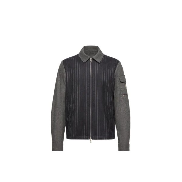 Herringbone Wool Blend Zip-Up Shirt Jacket in Blue & Gray