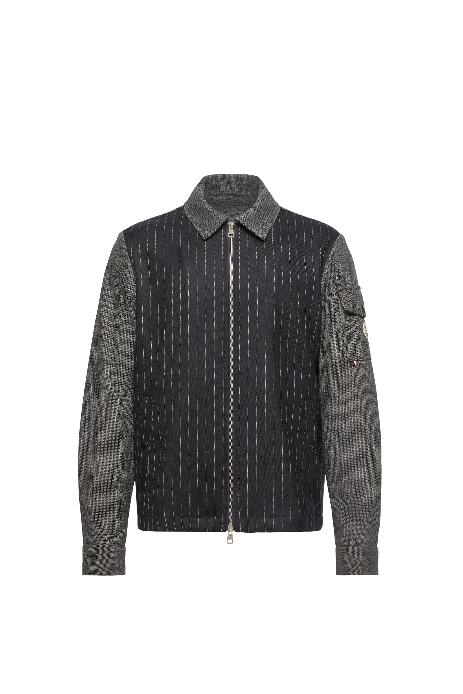 Moncler Herringbone Wool Blend Zip-Up Shirt Jacket in Blue & Gray Moncler Herringbone Wool Blend Zip-Up Shirt Jacket in Blue & Gray | Men's Jackets | Coveti