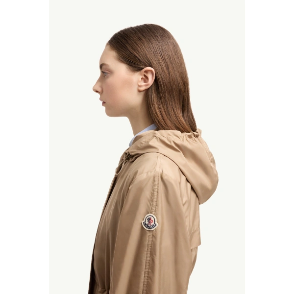 Moncler Hiengos Hooded Parka Coat in Beige, view 3 | Women's Puffer and Down Coats | Coveti