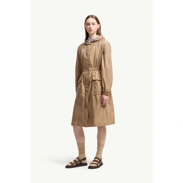 Moncler Hiengos Hooded Parka Coat in Beige, view 4 | Women's Puffer and Down Coats | Coveti