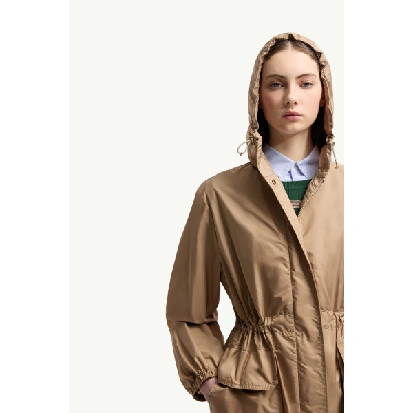 Moncler Hiengos Hooded Parka Coat in Beige, view 6 | Women's Puffer and Down Coats | Coveti