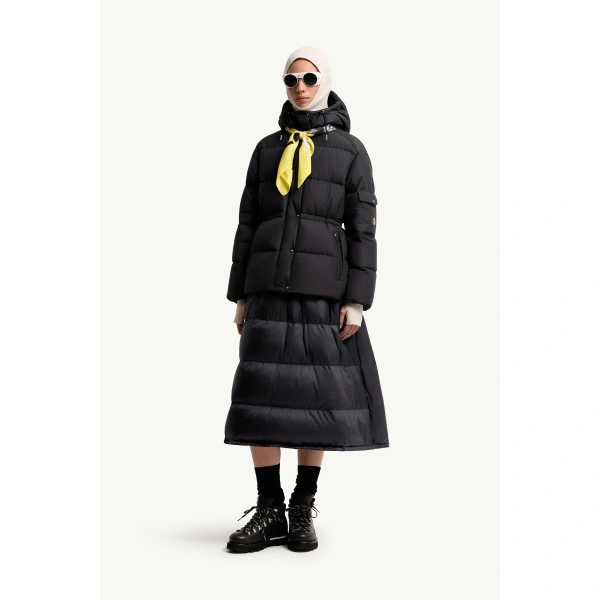 Moncler Himalaya Hooded Short Down Jacket in Dark Blue, view 2 | Women's Puffer Jackets | Coveti