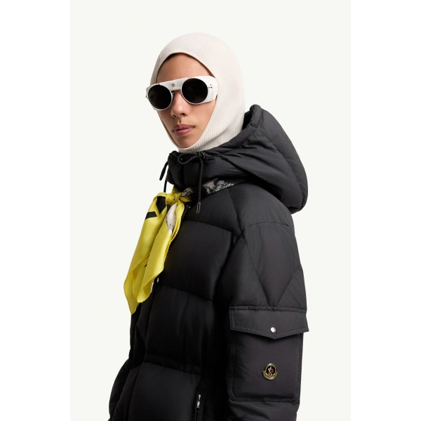 Moncler Himalaya Hooded Short Down Jacket in Dark Blue, view 3 | Women's Puffer Jackets | Coveti