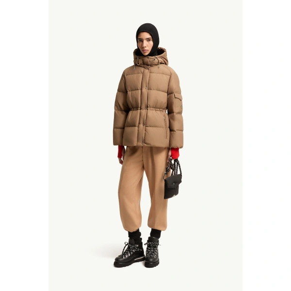 Moncler Himalaya Hooded Short Down Jacket in Light Brown, view 2 | Women's Puffer Jackets | Coveti