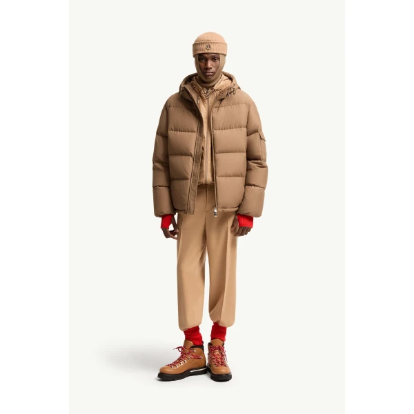 Moncler Himalaya Hooded Short Down Jacket in Light Brown, view 2 | Men's Jackets | Coveti