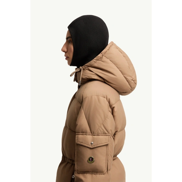 Moncler Himalaya Hooded Short Down Jacket in Light Brown, view 3 | Women's Puffer Jackets | Coveti