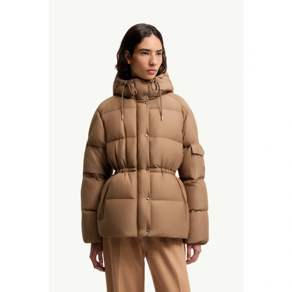 Moncler Himalaya Hooded Short Down Jacket in Light Brown, view 4 | Women's Puffer Jackets | Coveti