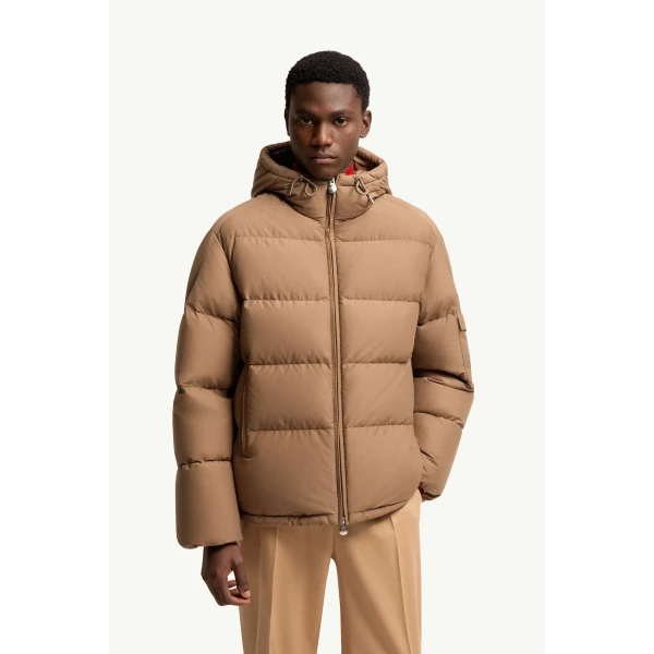 Moncler Himalaya Hooded Short Down Jacket in Light Brown, view 4 | Men's Jackets | Coveti