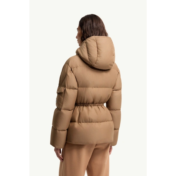 Moncler Himalaya Hooded Short Down Jacket in Light Brown, view 5 | Women's Puffer Jackets | Coveti