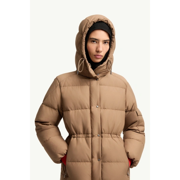 Moncler Himalaya Hooded Short Down Jacket in Light Brown, view 6 | Women's Puffer Jackets | Coveti