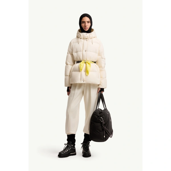 Moncler Himalaya Hooded Short Down Jacket in White Ivory, view 2 | Women's Puffer Jackets | Coveti