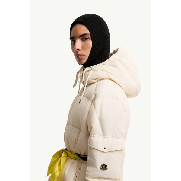 Moncler Himalaya Hooded Short Down Jacket in White Ivory, view 3 | Women's Puffer Jackets | Coveti