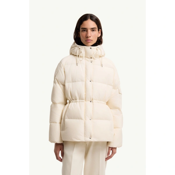 Moncler Himalaya Hooded Short Down Jacket in White Ivory, view 4 | Women's Puffer Jackets | Coveti