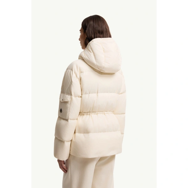Moncler Himalaya Hooded Short Down Jacket in White Ivory, view 5 | Women's Puffer Jackets | Coveti