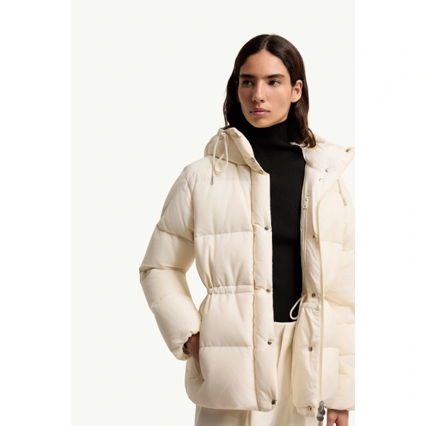 Moncler Himalaya Hooded Short Down Jacket in White Ivory, view 6 | Women's Puffer Jackets | Coveti