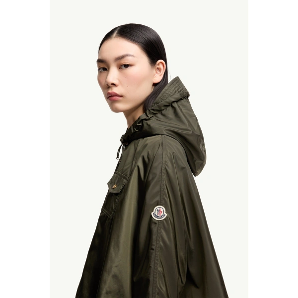Moncler Hooded Cape in Olive Green, view 3 | Women's Cape Coats | Coveti