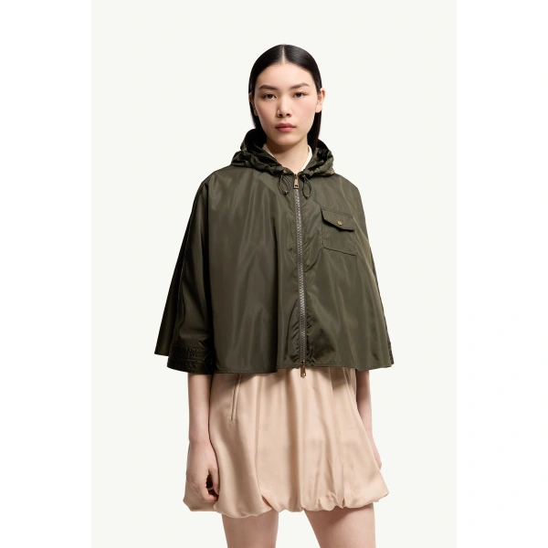 Moncler Hooded Cape in Olive Green, view 4 | Women's Cape Coats | Coveti