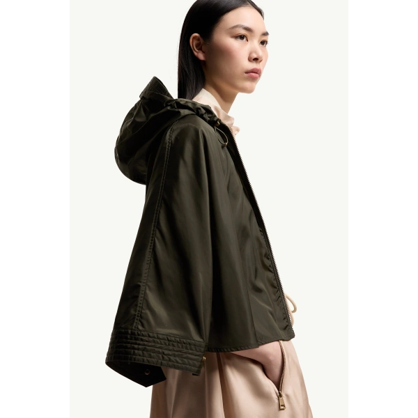 Moncler Hooded Cape in Olive Green, view 6 | Women's Cape Coats | Coveti