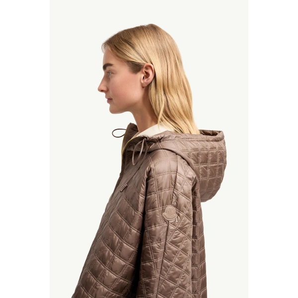 Moncler Hooded Square-Quilted Padded Cape in Brown, view 3 | Women's Cape Coats | Coveti