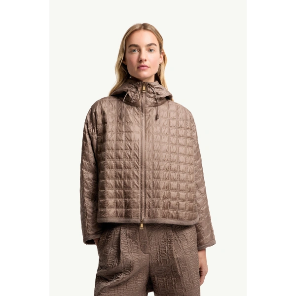 Moncler Hooded Square-Quilted Padded Cape in Brown, view 4 | Women's Cape Coats | Coveti