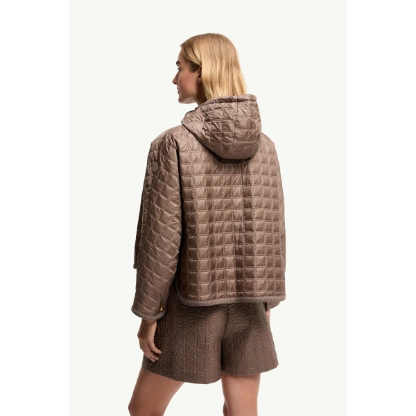 Moncler Hooded Square-Quilted Padded Cape in Brown, view 5 | Women's Cape Coats | Coveti