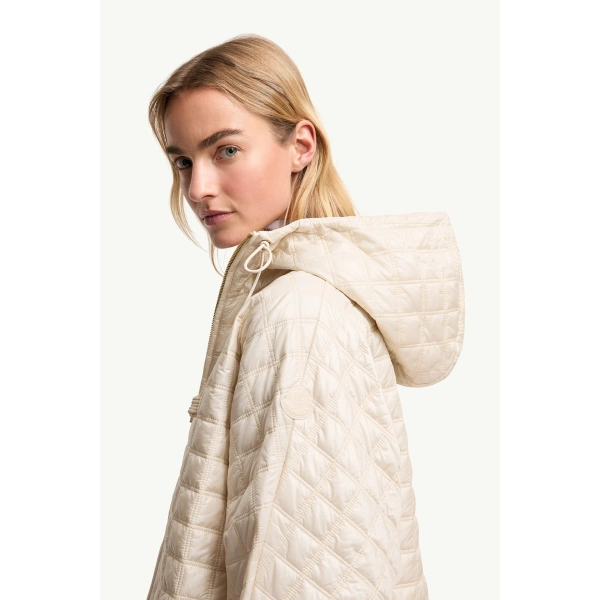 Moncler Hooded Square-Quilted Padded Cape in White Ivory, view 3 | Women's Cape Coats | Coveti