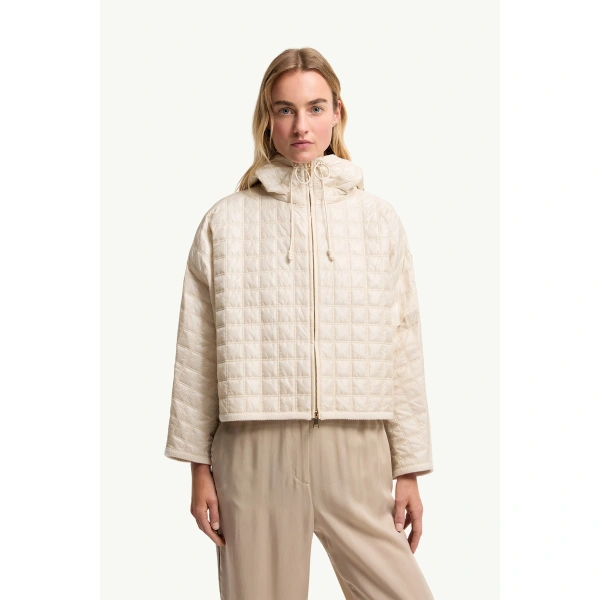 Moncler Hooded Square-Quilted Padded Cape in White Ivory, view 4 | Women's Cape Coats | Coveti