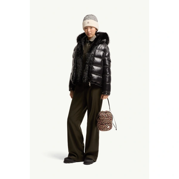 Moncler Hypolais Hooded Short Down Jacket in Black, view 2 | Women's Puffer Jackets | Coveti
