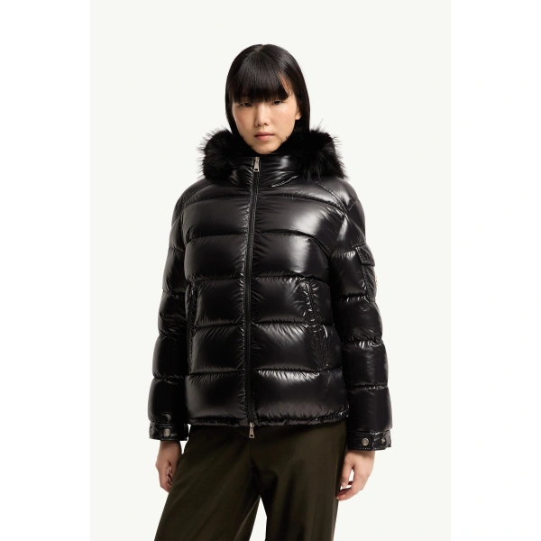 Moncler Hypolais Hooded Short Down Jacket in Black, view 4 | Women's Puffer Jackets | Coveti