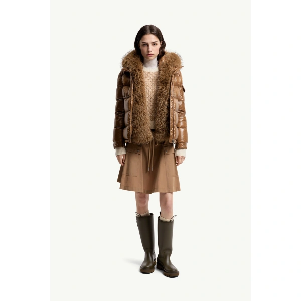 Moncler Hypolais Hooded Short Down Jacket in Brown, view 2 | Women's Puffer Jackets | Coveti